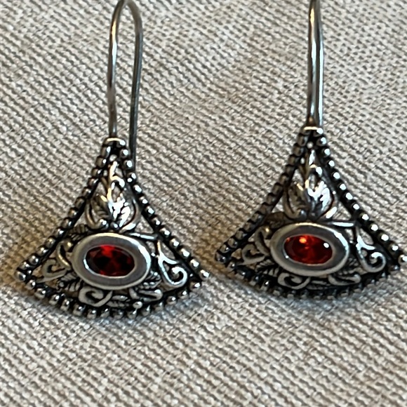 Silver Fan Shaped Red Gemstone Earrings - Picture 2 of 3